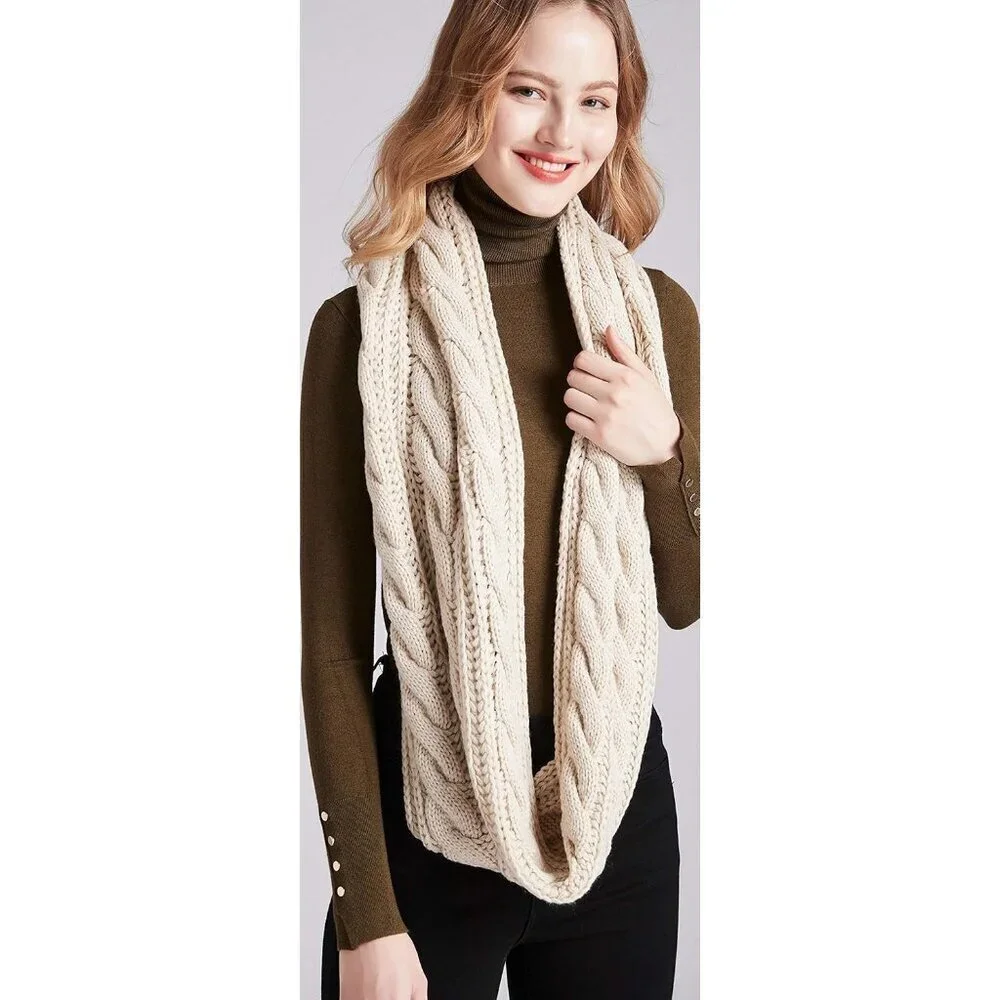 Women's Twist Khaki Thick Ribbed Knit Winter Infinity Circle Loop Scarf